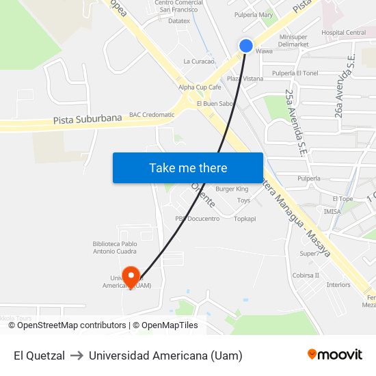 El Quetzal to Universidad Americana (Uam) map