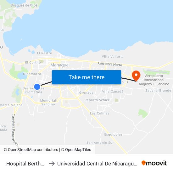 Hospital Bertha Calderón to Universidad Central De Nicaragua - Campus El Doral map