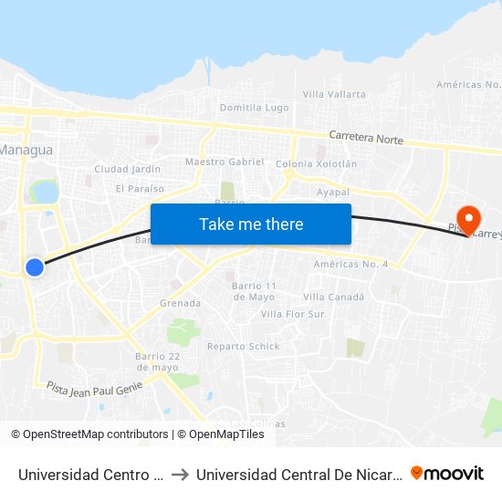 Universidad Centro Americana (Uca) to Universidad Central De Nicaragua - Campus El Doral map