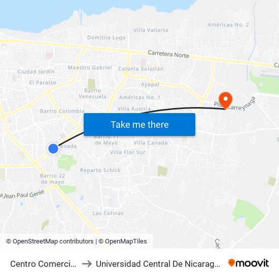 Centro Comercial Managua to Universidad Central De Nicaragua - Campus El Doral map