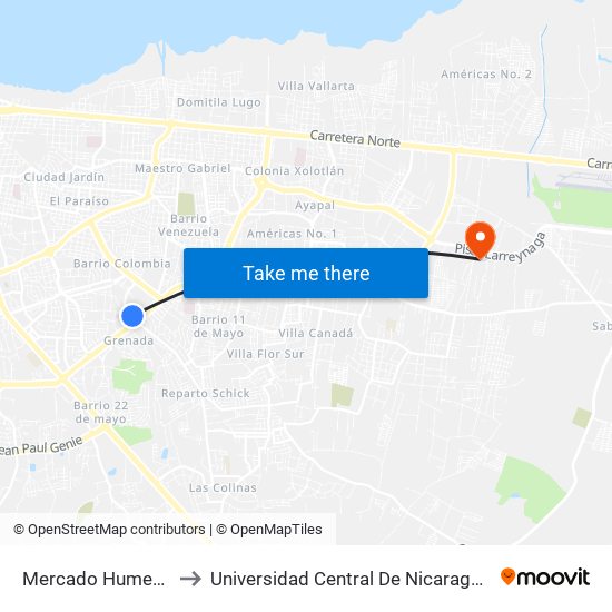 Mercado Humees Suroeste to Universidad Central De Nicaragua - Campus El Doral map