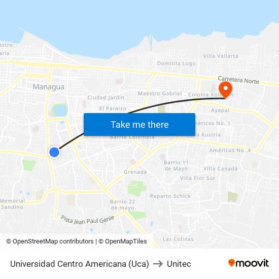 Universidad Centro Americana (Uca) to Unitec map