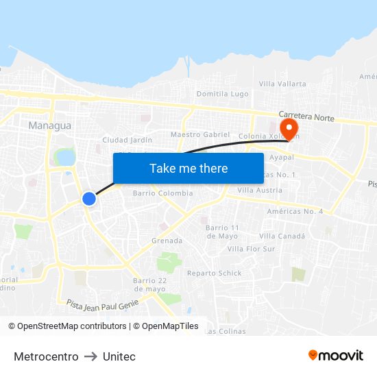 Metrocentro to Unitec map