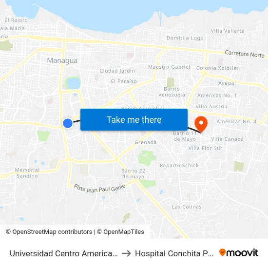 Universidad Centro Americana (Uca) to Hospital Conchita Palacios map