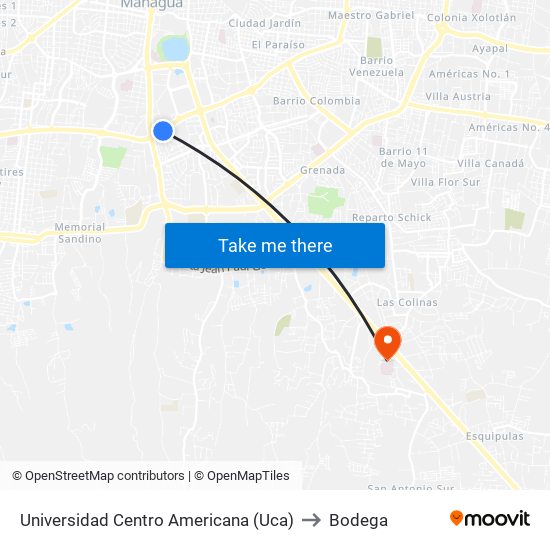 Universidad Centro Americana (Uca) to Bodega map