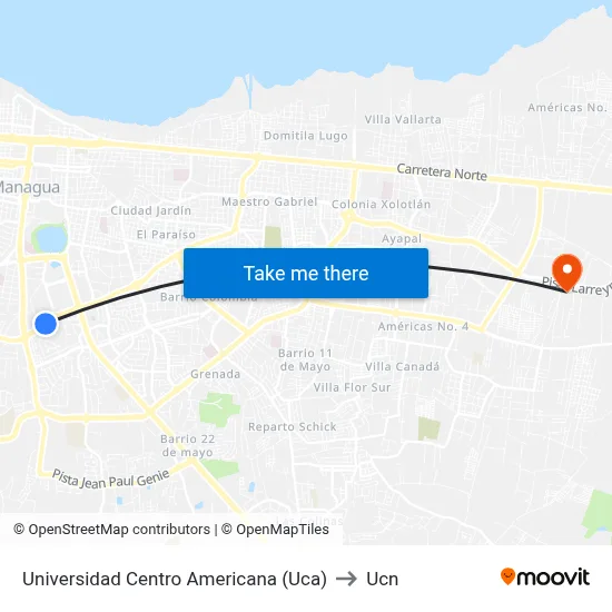 Universidad Centro Americana (Uca) to Ucn map