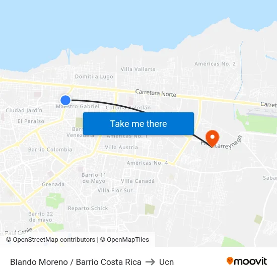 Blando Moreno / Barrio Costa Rica to Ucn map