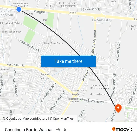 Gasolinera Barrio Waspan to Ucn map