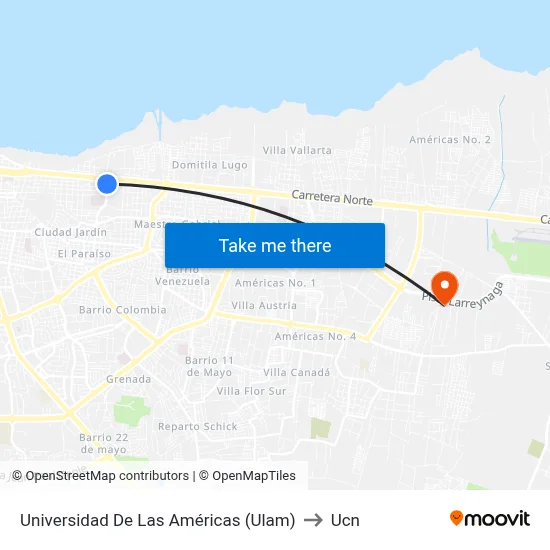 Universidad De Las Américas (Ulam) to Ucn map