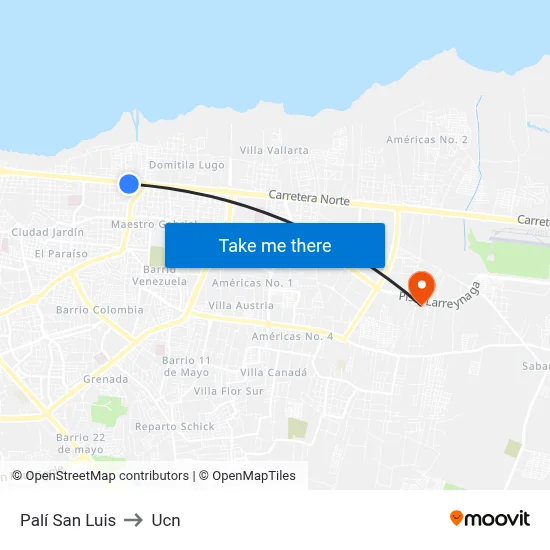 Palí San Luis to Ucn map