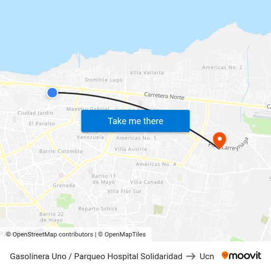 Gasolinera Uno / Parqueo Hospital Solidaridad to Ucn map