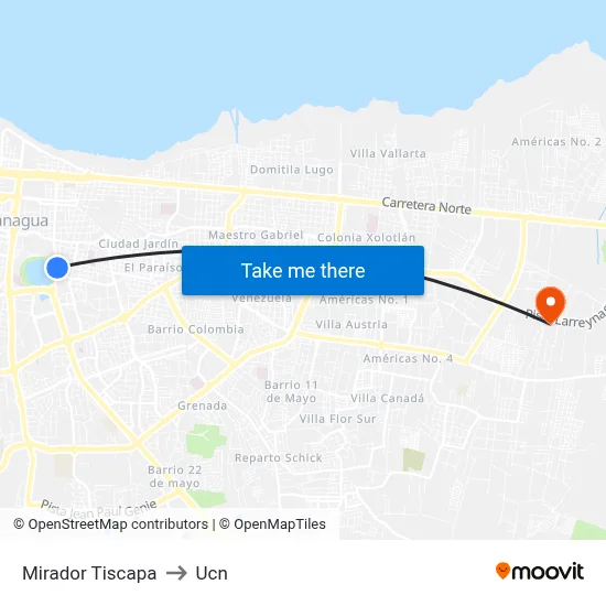 Mirador Tiscapa to Ucn map