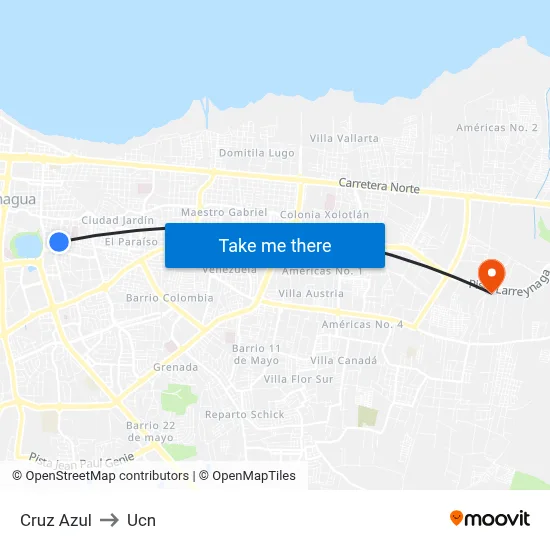 Cruz Azul to Ucn map