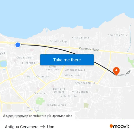Antigua Cervecera to Ucn map