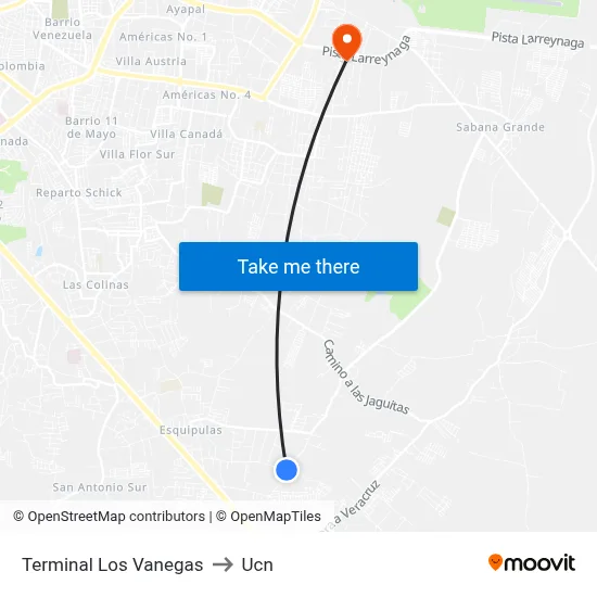 Terminal Los Vanegas to Ucn map