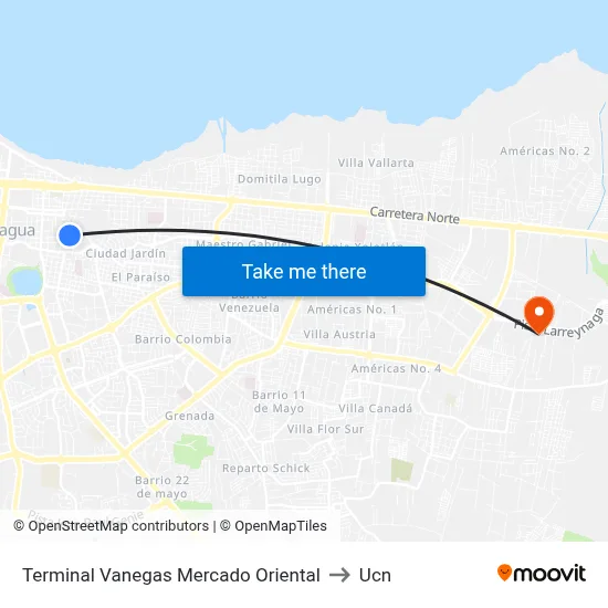 Terminal Vanegas Mercado Oriental to Ucn map