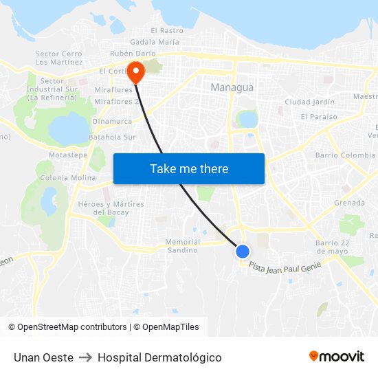 Unan Oeste to Hospital Dermatológico map