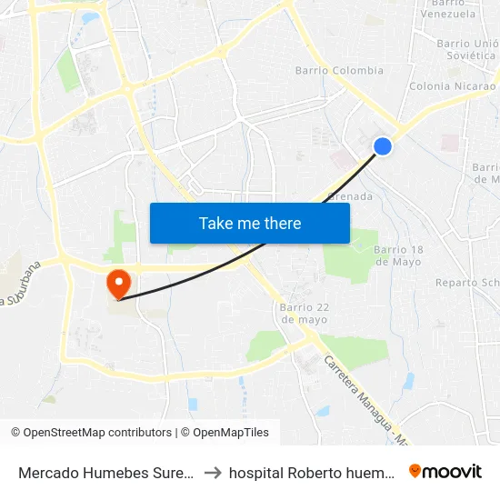 Mercado Humebes Sureste to hospital Roberto huembes map