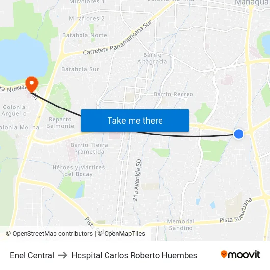 Enel Central to Hospital Carlos Roberto Huembes map