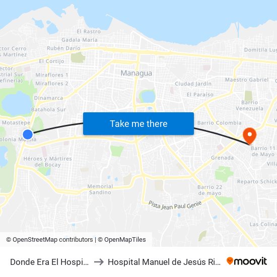 Donde Era El Hospital Velez Paiz to Hospital Manuel de Jesús Rivera (La Mascota) map