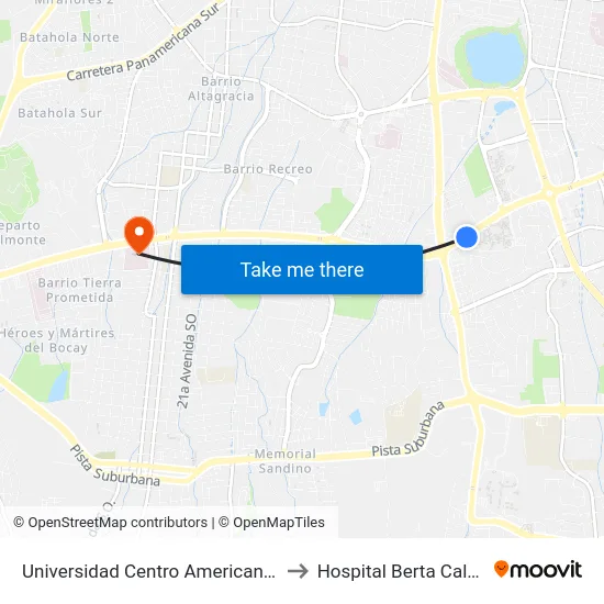 Universidad Centro Americana (Uca) to Hospital Berta Calderón map