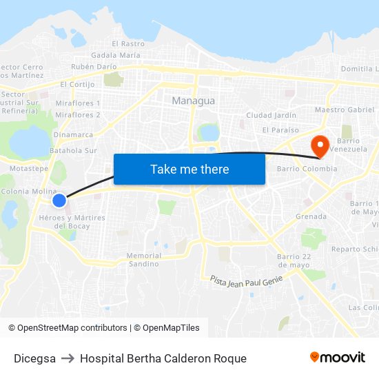 Dicegsa to Hospital Bertha Calderon Roque map