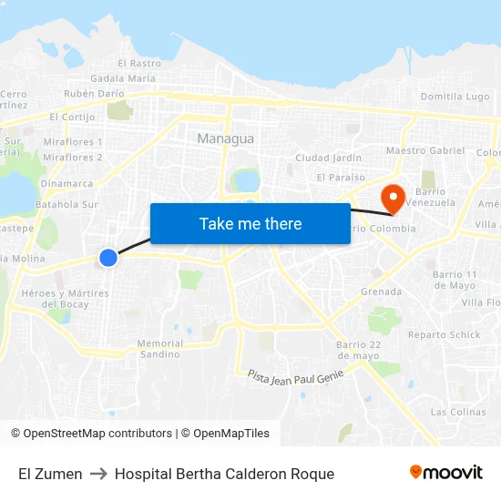El Zumen to Hospital Bertha Calderon Roque map