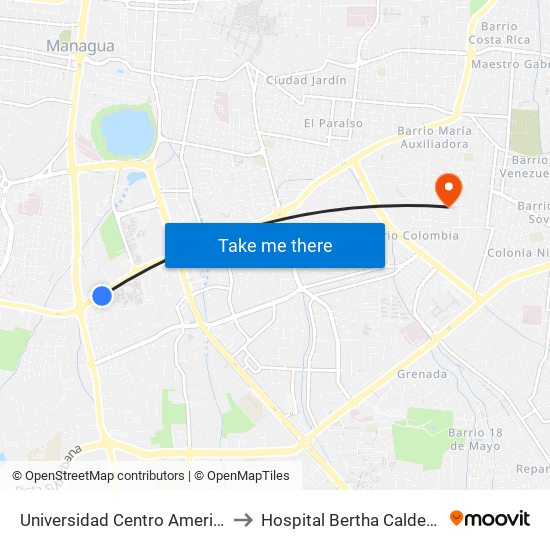 Universidad Centro Americana (Uca) to Hospital Bertha Calderon Roque map