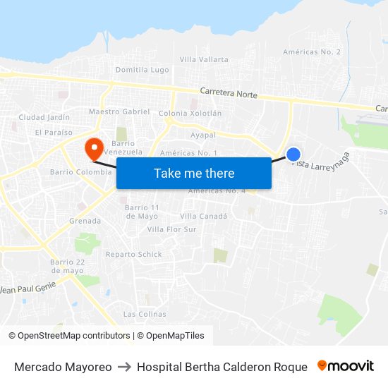 Mercado Mayoreo to Hospital Bertha Calderon Roque map