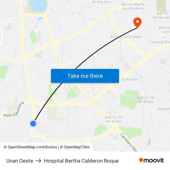 Unan Oeste to Hospital Bertha Calderon Roque map