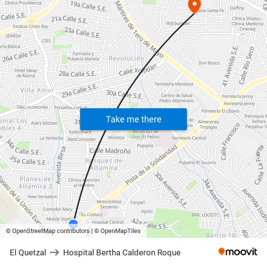 El Quetzal to Hospital Bertha Calderon Roque map