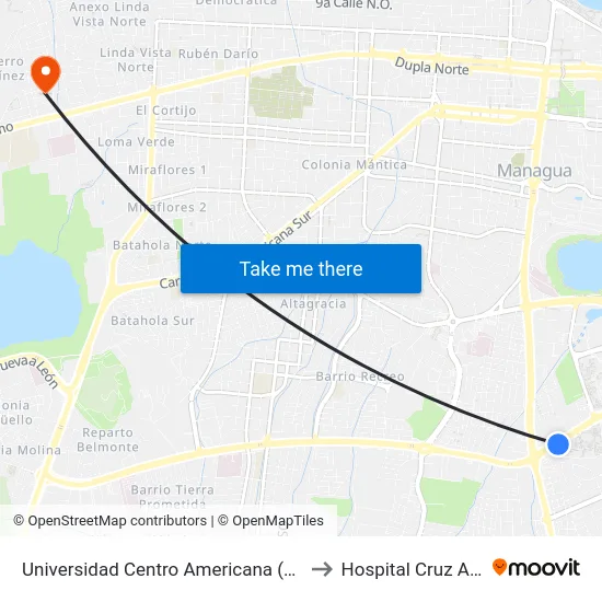 Universidad Centro Americana (Uca) to Hospital Cruz Azul map