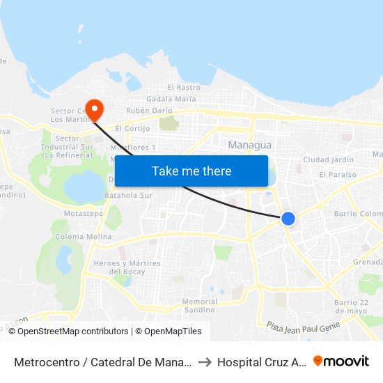 Metrocentro / Catedral De Managua to Hospital Cruz Azul map