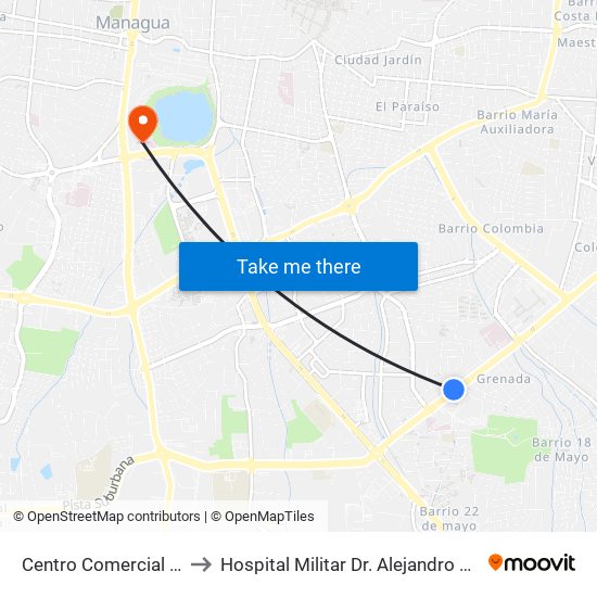 Centro Comercial Managua to Hospital Militar Dr. Alejandro Davila Bolaños map