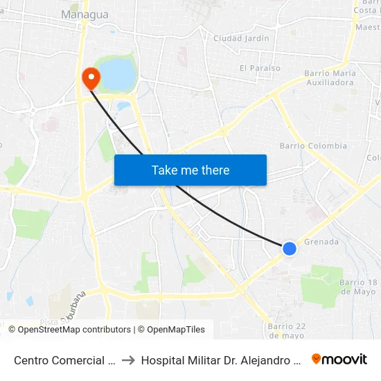Centro Comercial Managua to Hospital Militar Dr. Alejandro Davila Bolaños map