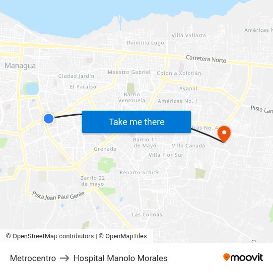 Metrocentro to Hospital Manolo Morales map
