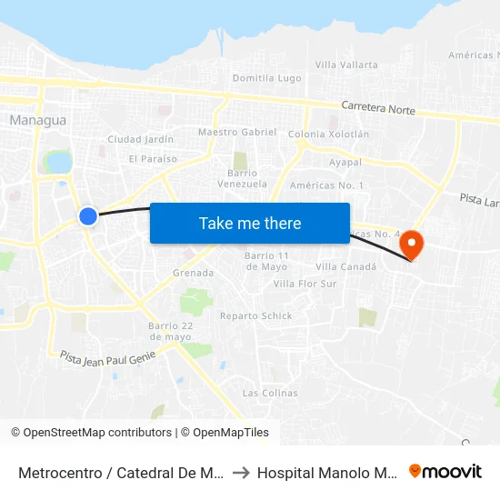 Metrocentro / Catedral De Managua to Hospital Manolo Morales map