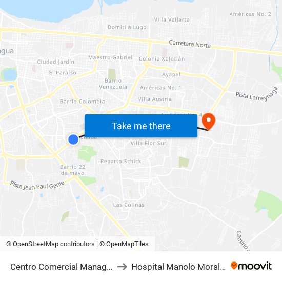 Centro Comercial Managua to Hospital Manolo Morales map