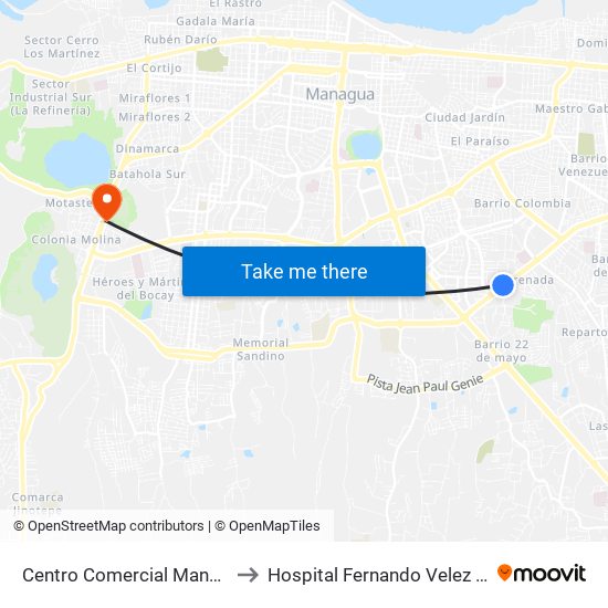 Centro Comercial Managua to Hospital Fernando Velez Paiz map