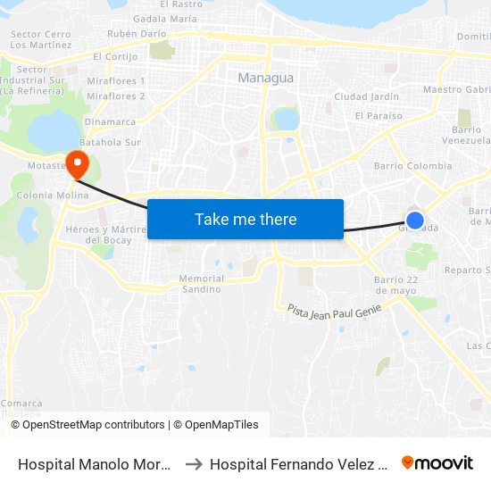 Hospital Manolo Morales to Hospital Fernando Velez Paiz map