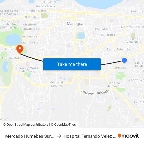 Mercado Humebes Sureste to Hospital Fernando Velez Paiz map