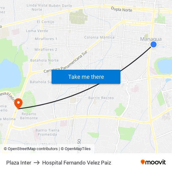 Plaza Inter to Hospital Fernando Velez Paiz map