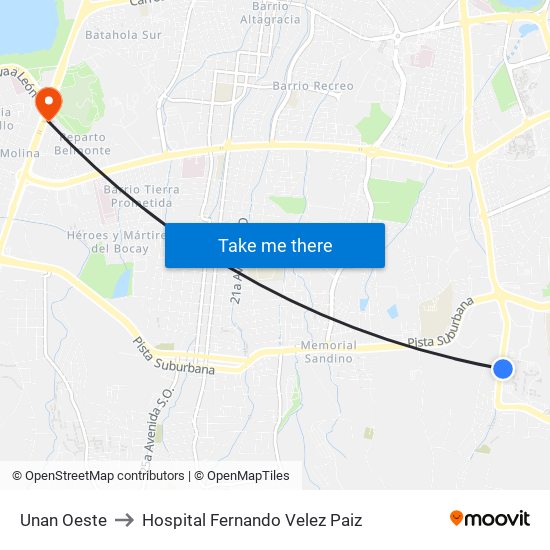 Unan Oeste to Hospital Fernando Velez Paiz map