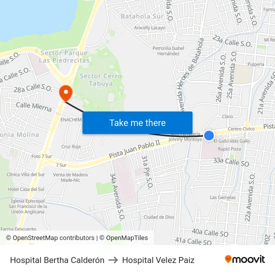 Hospital Bertha Calderón to Hospital Velez Paiz map