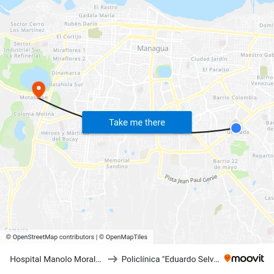 Hospital Manolo Morales to Policlínica "Eduardo Selva" map