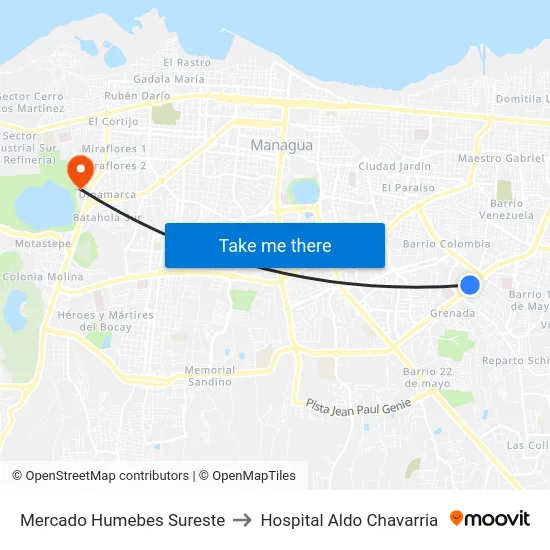 Mercado Humebes Sureste to Hospital Aldo Chavarria map