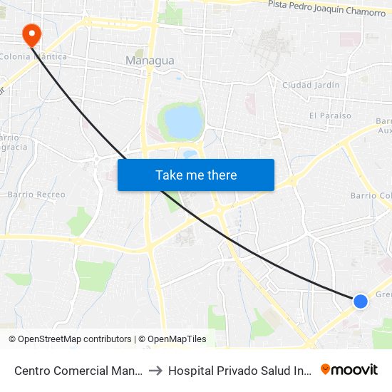 Centro Comercial Managua to Hospital Privado Salud Integral map