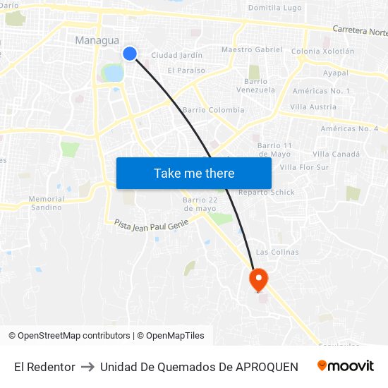 El Redentor to Unidad De Quemados De APROQUEN map