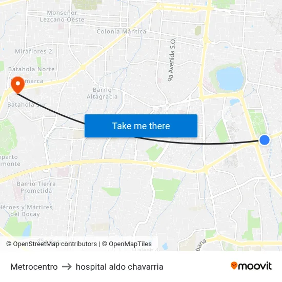 Metrocentro to hospital aldo chavarria map