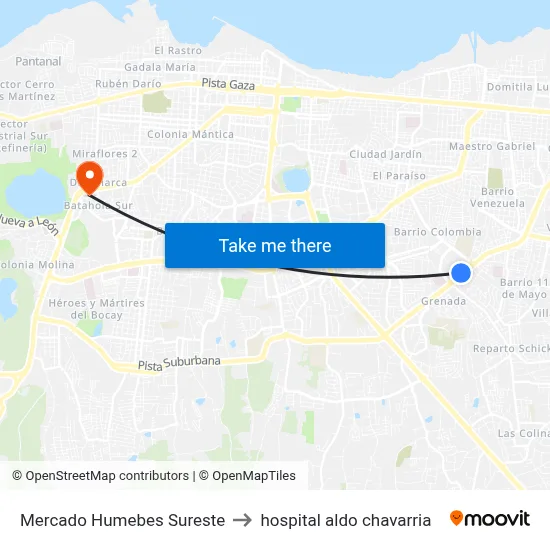 Mercado Humebes Sureste to hospital aldo chavarria map